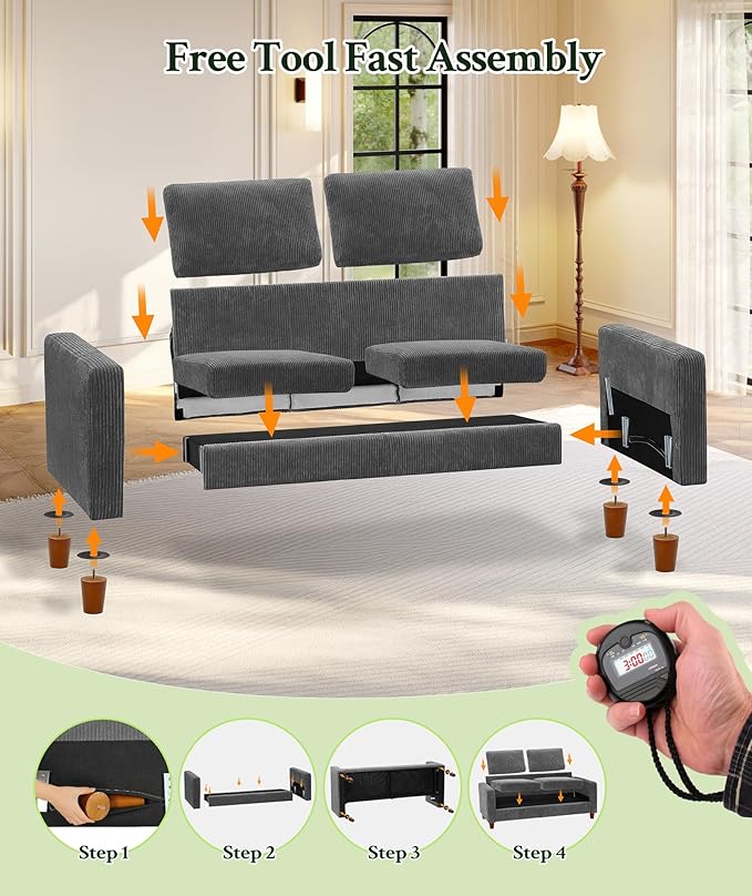 Welzona 70.2" Couches for Living Room, Comfy Sofa Set Tool-Free Setup, Corduroy Couch Set 7.1" Thicker Cushion, Accent Chair with Ottoman 848lbs Support, Sofas for Living Room Home Office, Grey