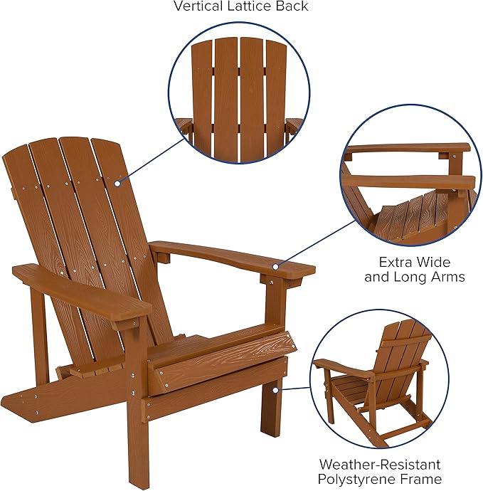 Flash Furniture Charlestown Commercial Grade Indoor/Outdoor Adirondack Chair, Weather Resistant Durable Poly Resin Deck and Patio Seating, Teak