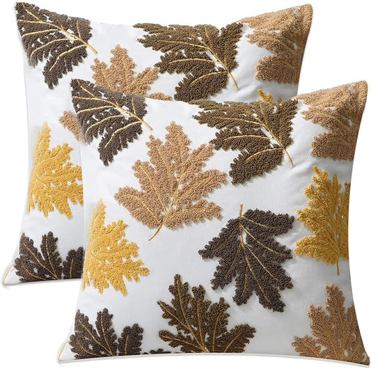 Set of 2 Embroidered Decorative Throw Pillow Covers Couch Square Pillowcases Cushion for Bedroom Sofa Farmhouse Decor 18x18 Inch (Yellow Maple Leaf)