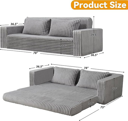 HABUTWAY Folding Sofa Bed, 2 in 1 Convertible Sleeper Chair with 2 Pillows, Portable Fold Out Chair Bed with Armrest, Comfy Floor Couch, Lazy Sofa for Living Room Bedroom Dorm Home Office, Light Grey