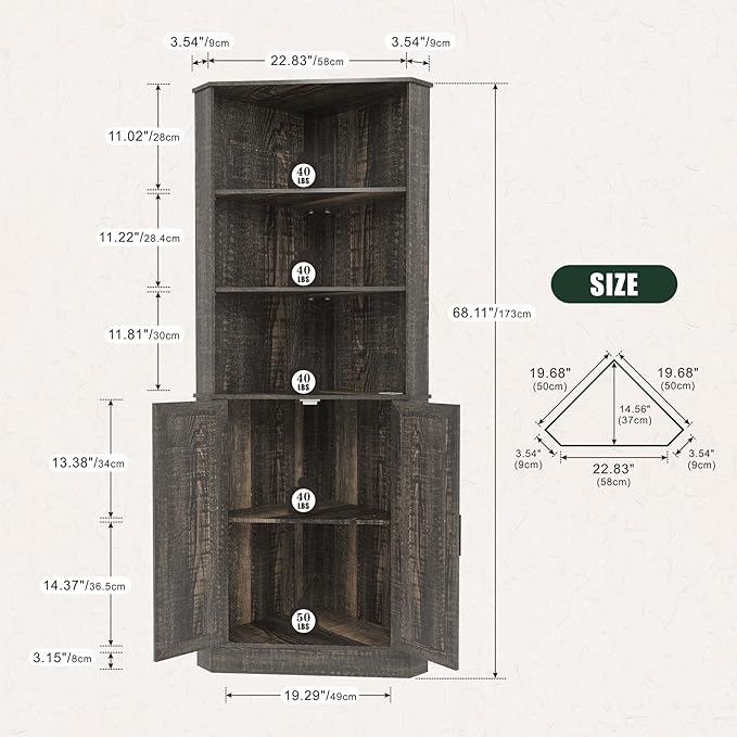 Farmhouse Corner Cabinet with LED Light, 67" Tall Bathroom Cabinet with 2 Doors and 3 Tier Shelves, Free Standing Corner Storage Cabinet for Living Room or Kitchen, Rustic Brown