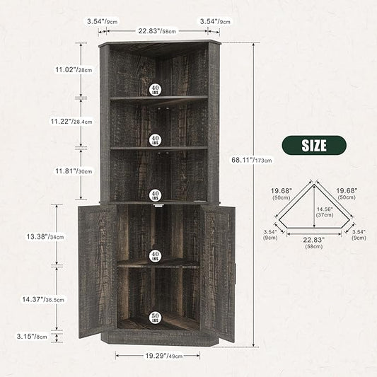 Farmhouse Corner Cabinet with LED Light, 67" Tall Bathroom Cabinet with 2 Doors and 3 Tier Shelves, Free Standing Corner Storage Cabinet for Living Room or Kitchen, Rustic Brown