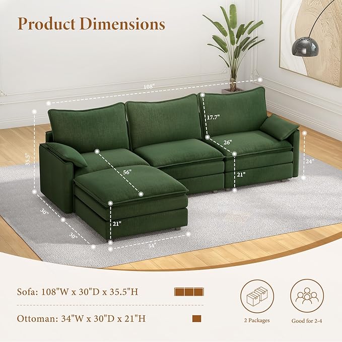 Vesgantti 108" Modular Sectional Sofa, Comfy Cloud Couch with Movable Ottoman Deep Seat Chenille L Shaped Modular Sofa, Sectional Couches for Living Room, Bedroom and Apartment, Green | Sink-in Comfort, Height Adjustable, Easy Rearrangement, Extra-deep...