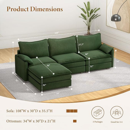 Vesgantti 108" Modular Sectional Sofa, Comfy Cloud Couch with Movable Ottoman Deep Seat Chenille L Shaped Modular Sofa, Sectional Couches for Living Room, Bedroom and Apartment, Green | Sink-in Comfort, Height Adjustable, Easy Rearrangement, Extra-deep...