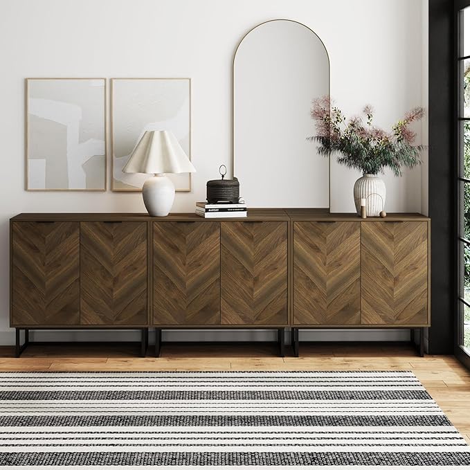 Nathan James Enloe Modern Sideboard Buffet Storage Accent Cabinet TV Stand with Doors in Rustic Walnut Finish and Black Matte Metal Base for Hallway, Kitchen or Living Room, Walnut/Black, Set of 3