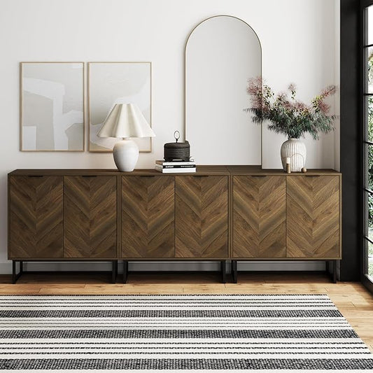 Nathan James Enloe Modern Sideboard Buffet Storage Accent Cabinet TV Stand with Doors in Rustic Walnut Finish and Black Matte Metal Base for Hallway, Kitchen or Living Room, Walnut/Black, Set of 3