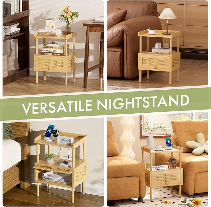 Amazer Bamboo Nightstand with Charging Station, Bedside Table with USB Ports & Outlets, End Table, Night Stand for Bedroom Lift-Up Drawer & Open Shelf, Natural Color