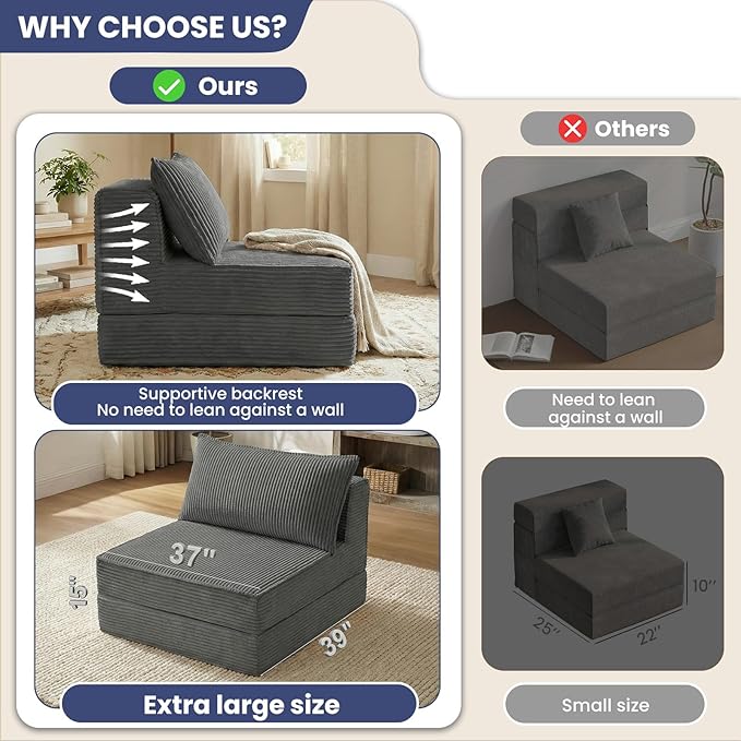 Folding Sofa Bed, Convertible Sleeper Chair with Pillow,Corduroy Comfy Floor Futon for Living Room Bedroom,Modern Accent Reading Chair,No Assembly Required,Grey