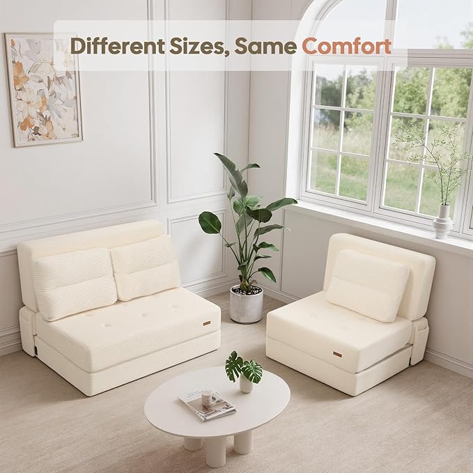 COMAX Folding Sofa Bed, Foldable Couch for Bedroom, Convertible Floor Sleeper Futon Chair Foam, Corduroy 3 in 1 Fold Out Chair Portable Comfy Lounge Couch Sofa Bed for Small Space, Single, Beige