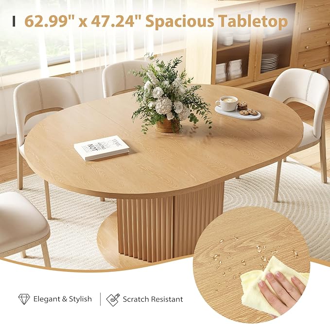 47.24"-62.99" Oval Expandable Dining Table, Round Dining Table for 4-6 People with Distinctive Knurled Base, Round Kitchen Table with Slide Metal Track for Kitchen,Living Room-Light Brown