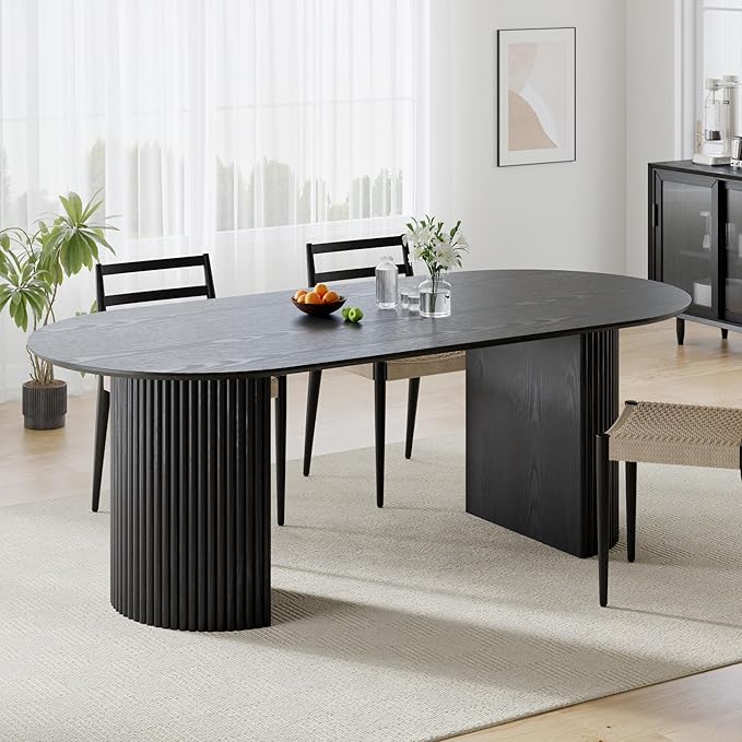 Casaphoria 79" Oval Dining Table, Modern Wood Kitchen Table with Cylinder Stripe Base for Living Room & Dining Room, Easy Assembly Farmhouse Furniture for 6-8, Black