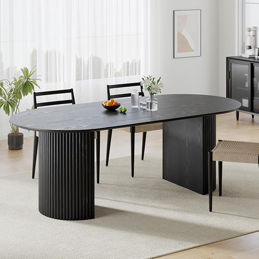 Casaphoria 79" Oval Dining Table, Modern Wood Kitchen Table with Cylinder Stripe Base for Living Room & Dining Room, Easy Assembly Farmhouse Furniture for 6-8, Black