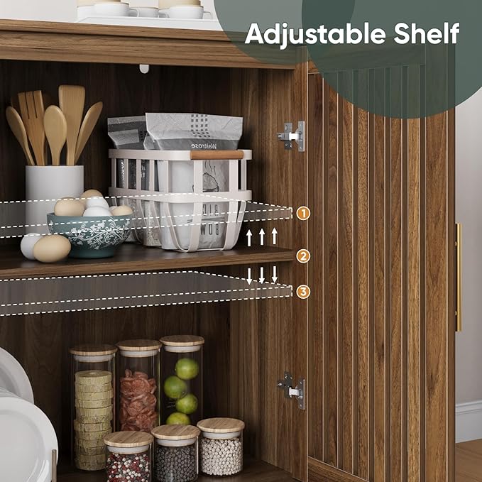 63" Long Sideboard Buffet with 4 Slatted Doors, Farmhouse Buffet Storage Cabinet with Adjustable Shelf, Coffee Bar Cabinet for Entryway, Kitchen, Dining Room, Living Room, Walnut Color | 4 Louvered Doors, Farmhouse Buffet, Storage Cabinet, Gold Handle,...
