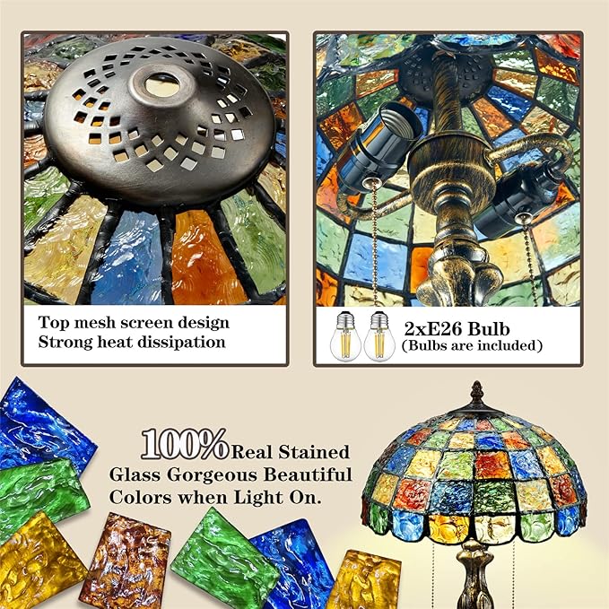 Tiffany Lamp Crystal Square Style,Stained Glass Table Lamp 12" Vintage Living Room Office Bedroom Bedside Reading Lamp,Handmade Tiffany Desk Light -Decorate Gift (2 LED Bulb Included)
