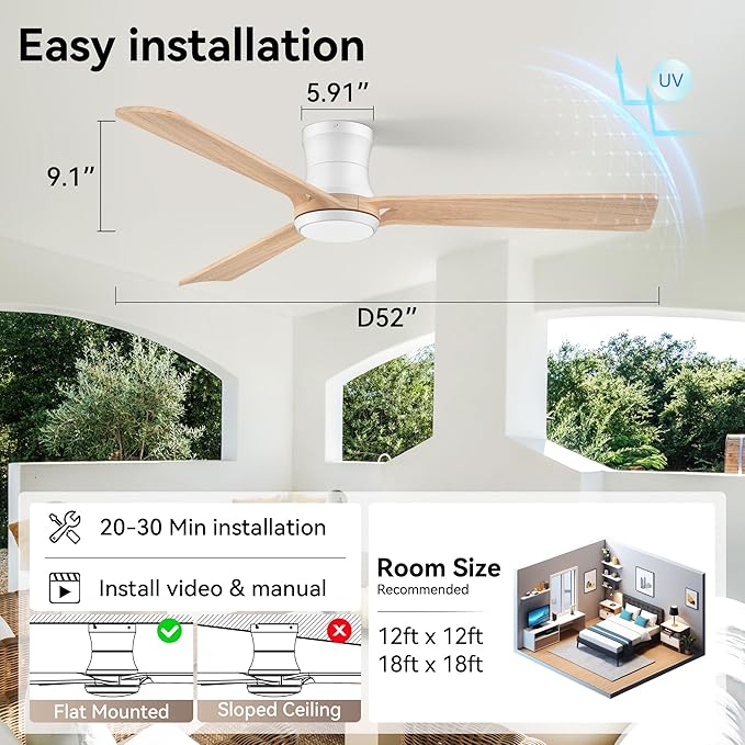 52in Smart Ceiling Fans with Lights,Low Profile Modern Wood Ceiling Fans,Remote/APP/Alexa Control,Outdoor Indoor Flush Mount Ceiling fan,for Bedroom Living room Patio,3 Blade,Light Wood,6 Speeds,Quiet
