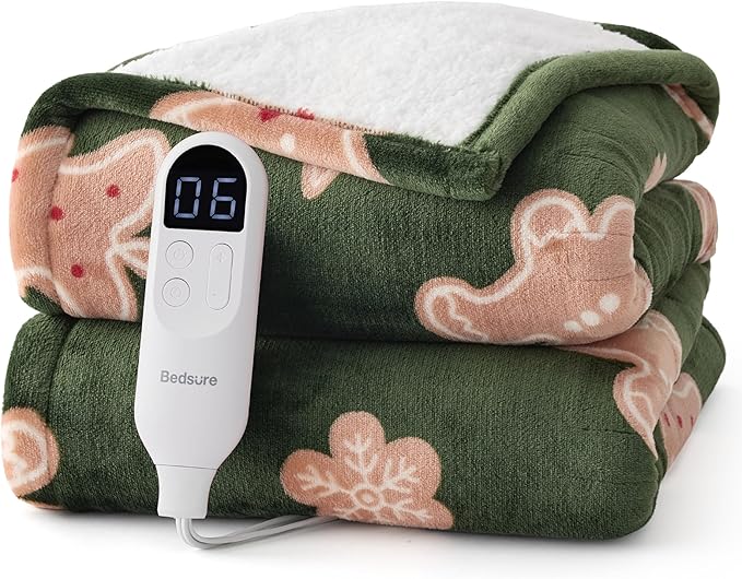 Bedsure Electric Blanket Twin - Soft Flannel Sherpa Heated Blanket with Gingerbread Pattern, for Grandma, Heating with 6 Heating Levels, 10 Time Settings, and 8-Hour Auto-Off (62"x84")