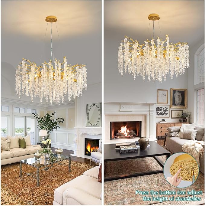 Modern Crystal Tree Branch Chandelier, Gold Round Art Deco Raindrop Lighting Fixture for Dining Room Bedroom Living Room 10 Lights D30''