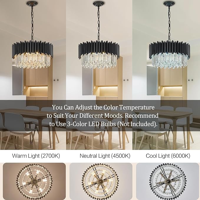 Black Crystal Chandelier 20'' K9 Crystal Round Pendant Lights Adjustable 4-Tier Large Modern Crystal Chandelier 6-Lights for Dining Room Living Room Kitchen Foyer Entryway