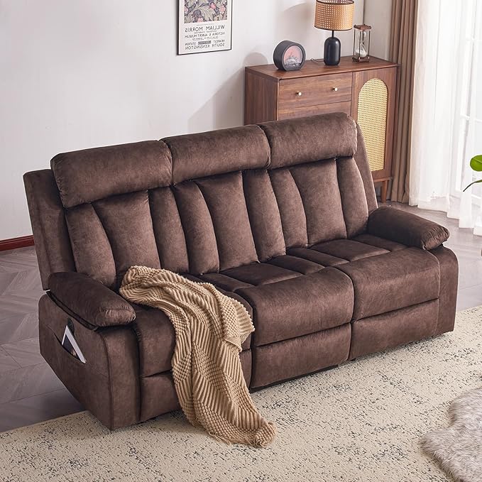 Velvet Power Recliner Sofa Living Room Set, Electric Loveseat Reclining Sofa Couch Set with Massage & Heat/Console/Cup Holder/USB & Type C, Modern Living Room Furniture Sofa Set (Brown)