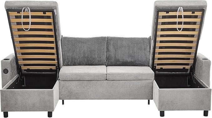 ERYE 113-Inch U-Shaped Pull Out Sleeper Couch Bed, Modern U Shaped Symmetrical Sleeper Sectional Sofa Convertible Sofa Bed with Storage Chaises & USB-C Ports for Living Room