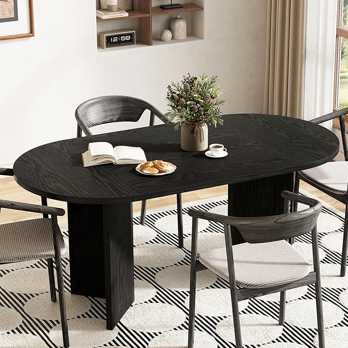 LITTLE TREE 63" Rustic Oval Dining Table for 4-6, Sturdy MDF Farmhouse Kitchen Table with Metal Strip Base, for Living Room, Office, Restaurant, Multi-Use, Black