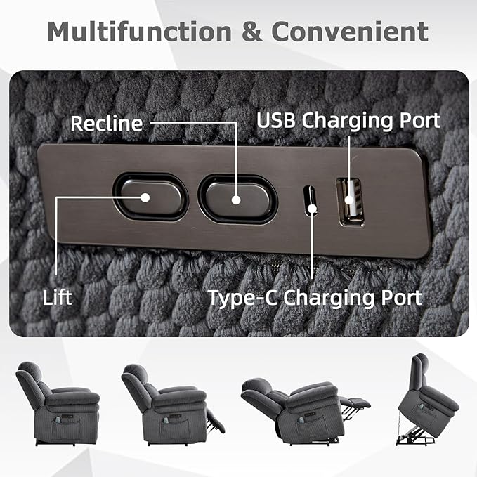 CANMOV 46" Wide Oversize Power Lift Recliner Chair, Extra Large Electric Lift Recliners for Elderly Big, Stand Up Recliner Chair with Massage and Heat, USB and Type-C Ports, Grey
