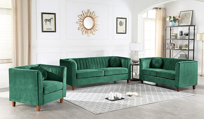 Container Furniture Direct Arvilla Velvet Chair with Bolster Pillows, Soft Upholstery, Mid Century Modern Design, Chesterfield-Inspired Accent Armchair for Living Rooms, Pine Green