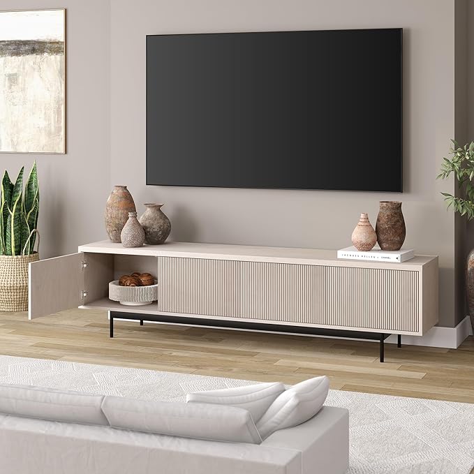 Henn&Hart Fluted TV Stand for TVs up to 85" with 2 Open-Concept Ribbed Storage Cabinets for Living Room, Family Room, or Office, Beech White