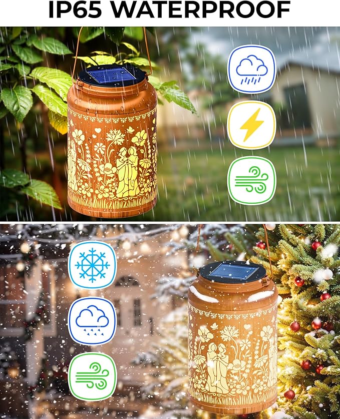 Solar Lanterns Outdoor Waterproof Decorative Garden Solar Lights Outdoor,Hanging Hollow Out Metal Ornaments Decor for Outside Lawn,Patio,Balcony,Yard Unique Gifts for Women Best Sister 2