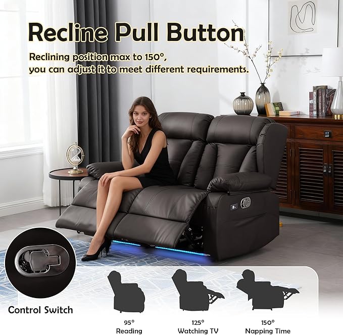 59" Loveseat Recliner Sofa, Manual Reclining Double Loveseat with USB-A & USB-C Ports/LED Lights, RV Couch for Living Room & Home Theater with Cup Holders/Side Pockets (Brown with LED)