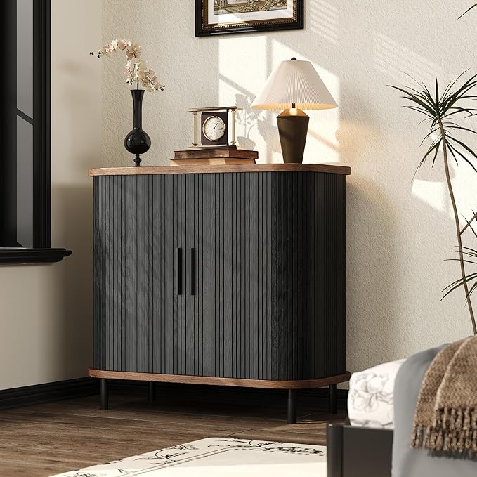 Fluted Sideboard Buffet Cabinet, 31''W Storage Cabinet with Sliding Door, Coffee Bar Buffet Cabinet for Living Room, Kitchen, Entryway, Black