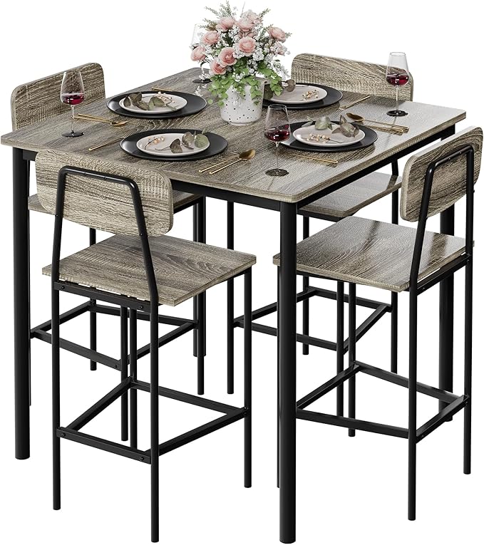 Kitchen Table and Chairs of 4, 5 Piece Dining Table Set, Sturdy Industrial Space Saving Dinette Set for Pub, Family Dinners, Apartment, Gray