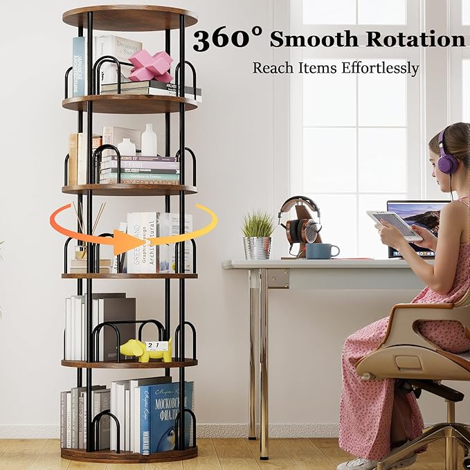 5-Tier Rotating Bookshelf, 360° Round Spinning Book Shelf Tower, Tall Skinny Wood & Metal Bookshelf for Corner/Office/Home, Modern Industrial Vintage Style