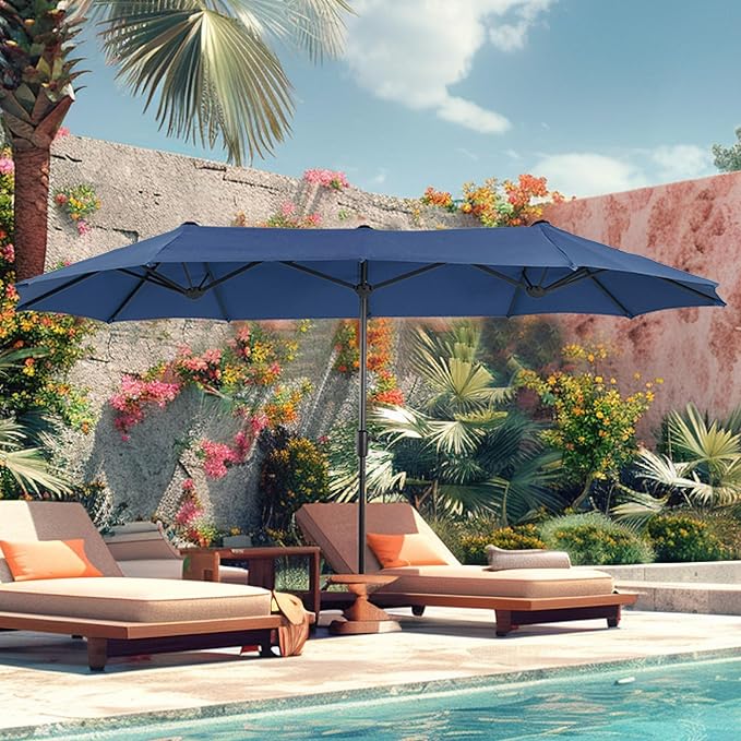 PHI VILLA 13 ft Outdoor Patio Umbrella, Large Rectangular Double Sided Market Table Twin Umbrellas with Crank Handle for Deck Pool, Navy Blue