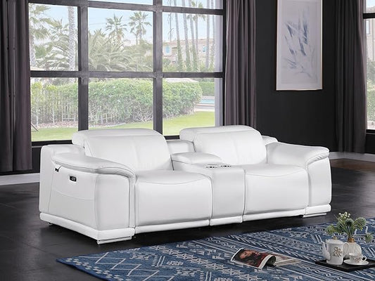 BlackJack Furniture Venice Top Grain Italian Leather Power Recline Loveseat Sofa - 93" Theater Seating Modern Couch for Living Room Apartment Lounge Home with Adjustable Headrests & USB Port, White