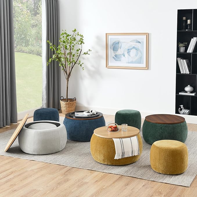 Ball & Cast Round Upholstered Storage-Ottoman Set with Wood Tray, Large Storage Coffee Table w/Footstool & Removable Lid, Dia 25" Padded Bench & End Side-Table for Living Bedroom, Green