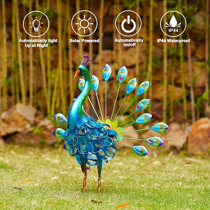 Goodeco Solar Peacock Statue Garden Decor - 20.7 Inch Stunning Metal Peacock Yard Art with Lighted Lamp - Perfect Peacock Gifts for Women, Ornaments & More, LD6020304
