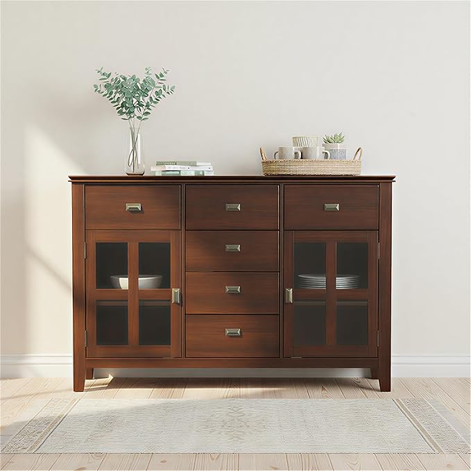 SIMPLIHOME Artisan Buffet - 54 inch Wide Solid Wood 3-Door Sideboard Buffet in Russet Brown, Transitional Storage Cabinet for Dining Room or Kitchen with Adjustable Shelves and Bronze Hardware
