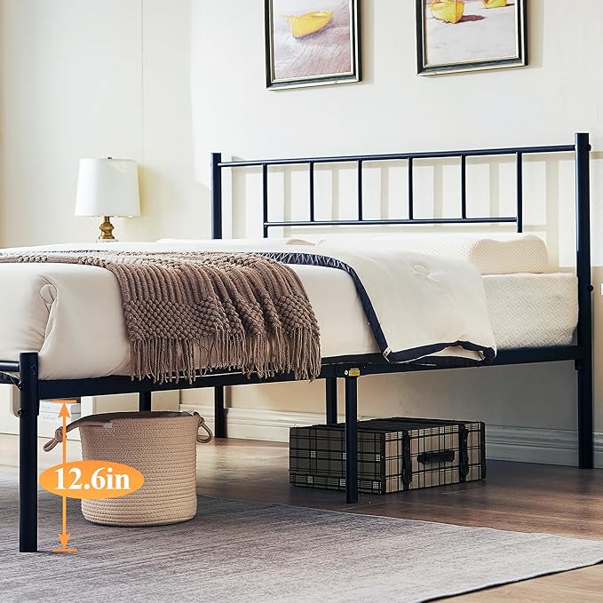 VECELO Queen Metal Platform Bed Frame with Headboard, Heavy Duty Steel Slat Support, Under Bed Storage,No Box Spring Needed, Easy Assembly