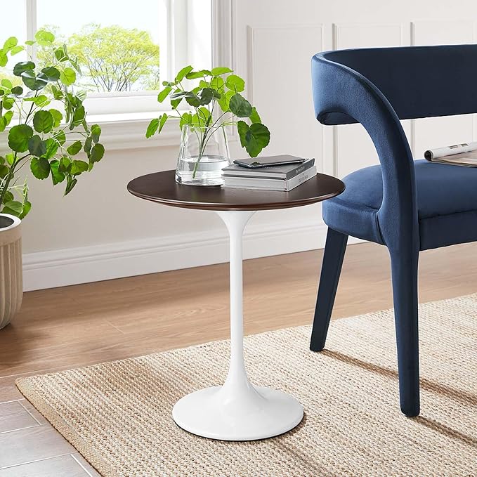Modway Lippa Round 20" Wood Grain Mid-Century Modern Side Table, White Chevron Walnut