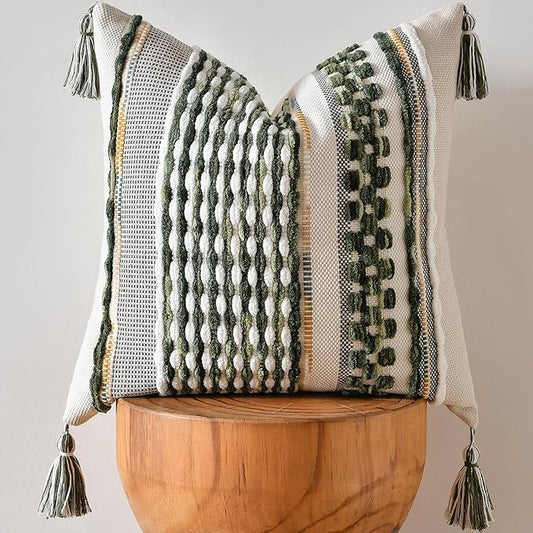AmHoo Chenille Striped Textured Boho Throw Pillow Covers Aesthetic with Tassels Woven Decorative Pillow Case for Couch Bed Sofa Bedroom Modern Funky 18 x 18-Inch Sage Green