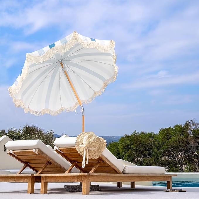 6.5ft Boho Beach Umbrella with Fringe, UPF 50+ Tassel Umbrellas with Carry Bag, Premium Wood Pole Foldable Patio Umbrella for Outdoor Holiday Garden Lawn Pool Yard Table