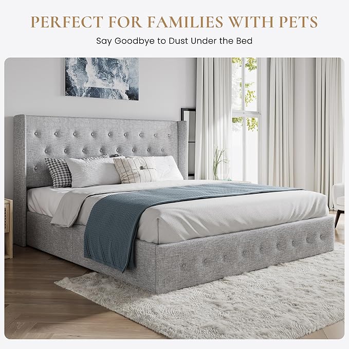 SHA CERLIN King Size Lift Up Storage Bed Frame,Button Tufted Wingback Headboard,Upholstered Platform,Hydraulic Storage,Wooden Slat Support,No Box Spring,Light Grey