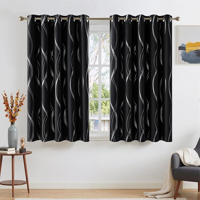 NICETOWN Black Blackout Curtain Panels for Kitchen, 66 x 54 inch, Noise Reducing Thermal Insulated Wave Line Foil Print Design Drapes for Home Decor, 2 Panels