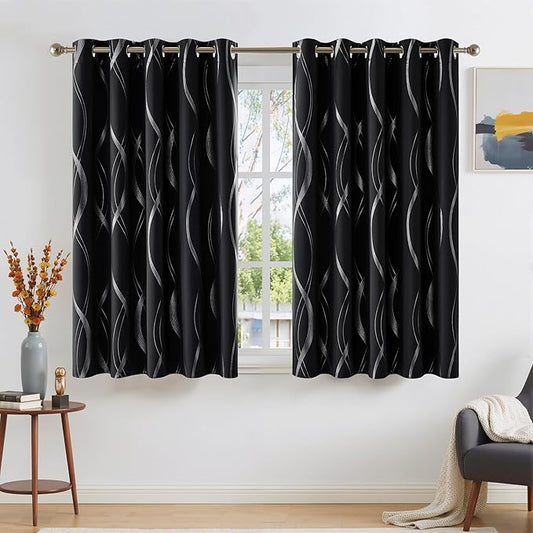 NICETOWN Black Blackout Curtain Panels for Kitchen, 66 x 54 inch, Noise Reducing Thermal Insulated Wave Line Foil Print Design Drapes for Home Decor, 2 Panels