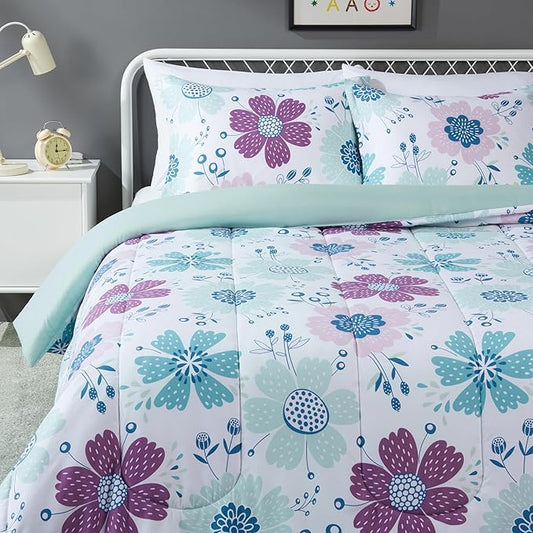 Amazon Basics 3-Piece Soft, Plush Microfiber Kids' Comforter and Pillow Sham Set, Full/Queen, Purple Flowers, Bluish Pink, Floral