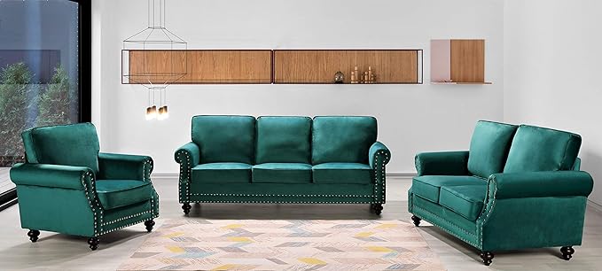 Container Furniture Direct Lotus Mid Century Modern Velvet Upholstered Living Room Rolled Arms, Chair, Loveseat and Sofa, Green