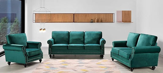 Container Furniture Direct Lotus Mid Century Modern Velvet Upholstered Living Room Rolled Arms, Chair, Loveseat and Sofa, Green