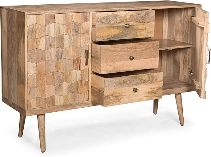 Great Deal Furniture Zona Mid-Century Modern Mango Wood 3 Drawer Sideboard with 2 Doors, Natural