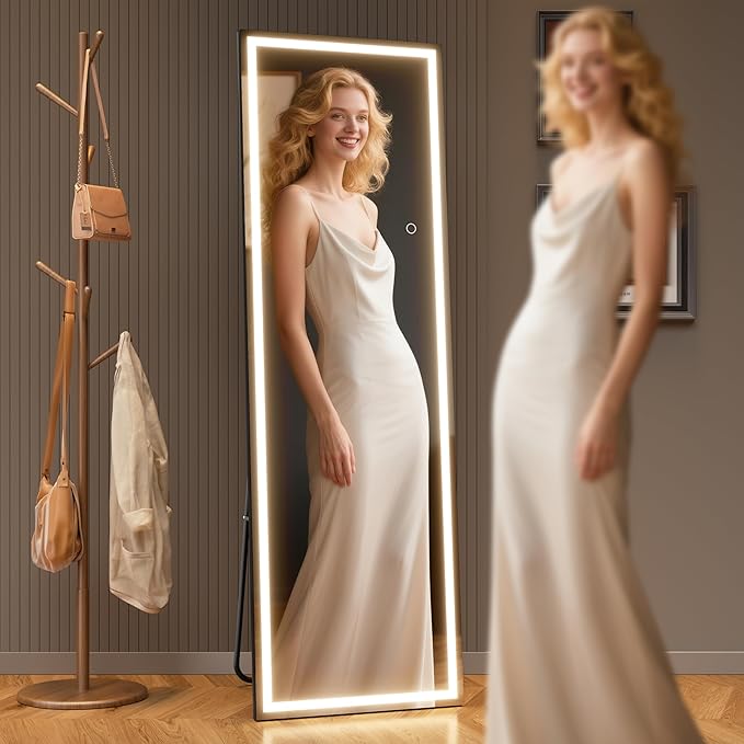 67" x 24" Full Length Mirror with Lights, LED Lighted Floor Standing Body Mirror, Dimmable & 3 Color Lighting for Bedroom, Cloakroom, Dressing Room, Tempered Glass, Black Frame